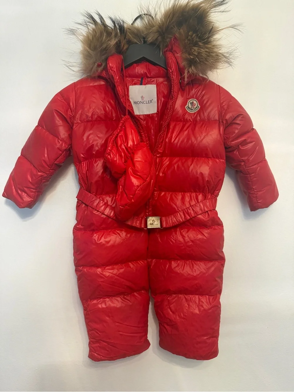 Moncler Kids Red Puffer Coat with Fur-Trim Hood